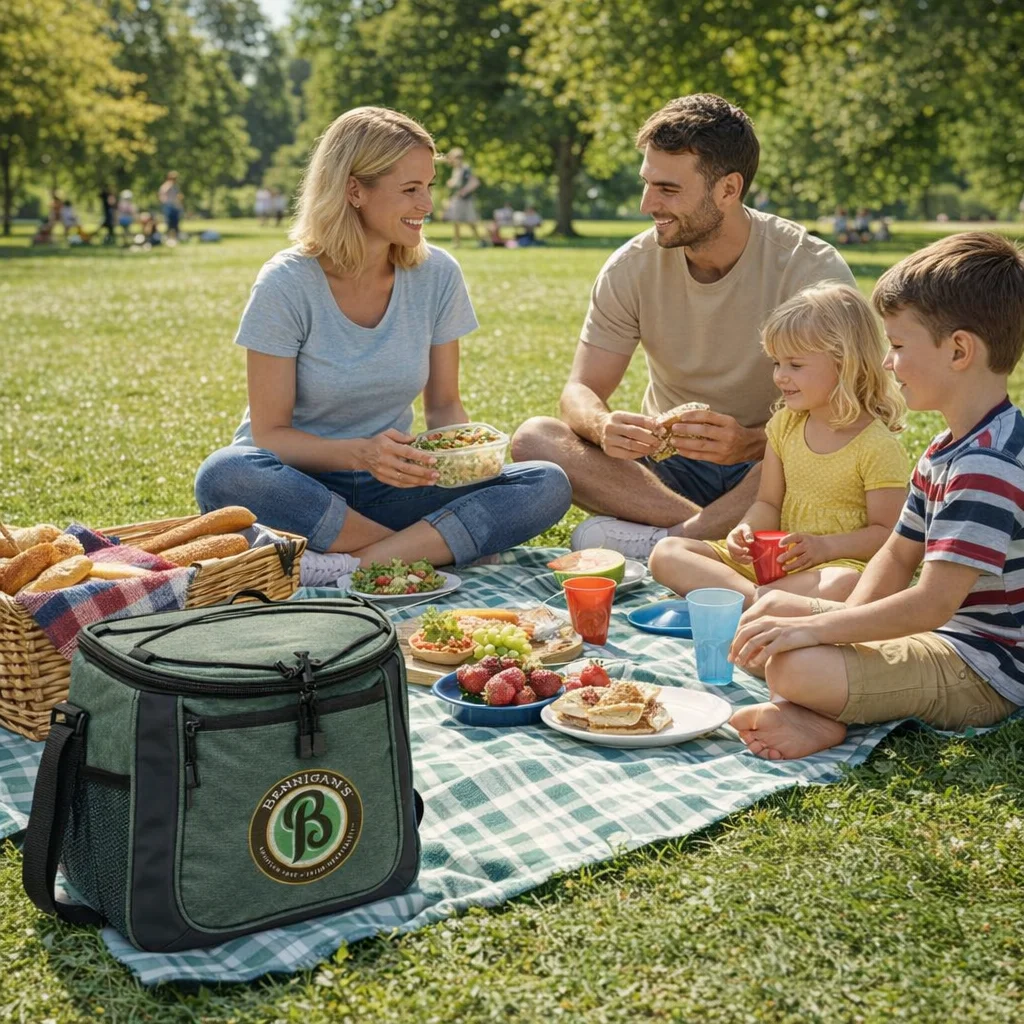 Family enjoying a picnic with snacks and Mokko Cooler Bags Elite in a sunny park.