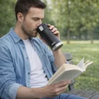Man on a bench, sipping from a Swiss Peak Elite Copper Vacuum Mug and reading in the park.