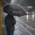 Person with a Swiss Peak Tornado Storm Umbrella waits at a rainy bus stop as a bus approaches.