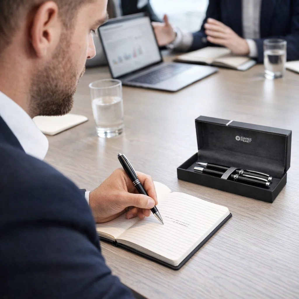 Man writing in notebook with Swiss Peak Heritage Pen Sets, laptop, and glasses of water nearby.