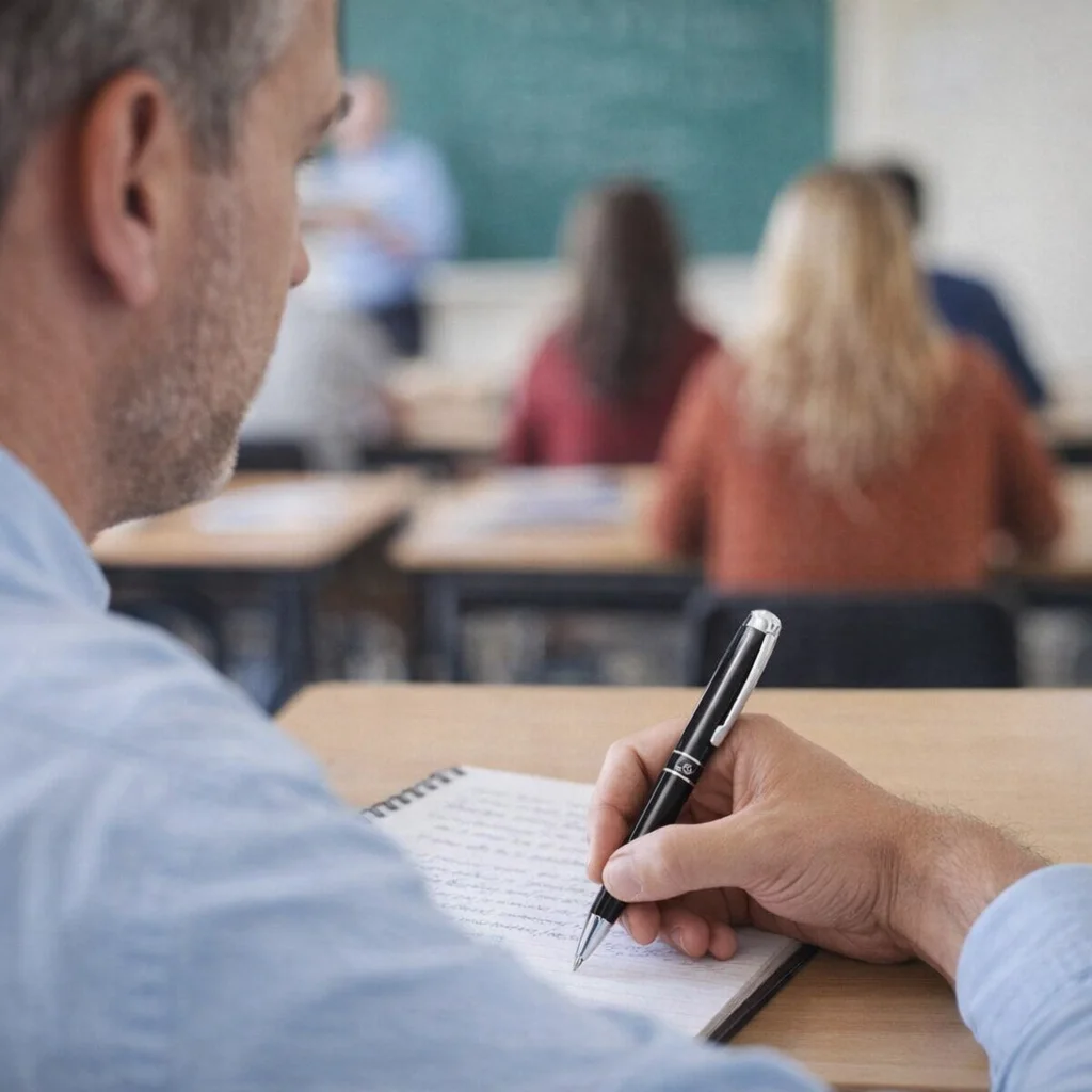 Man taking notes with Swiss Peak Heritage Ballpoint Pen, students and teacher blurred behind.