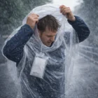 Man stays dry in heavy rain wearing Xyclon Emergency Ponchos, covering his head for protection.