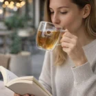 Woman enjoys a book and tea in Double Wall Glass Cups at an outdoor café.