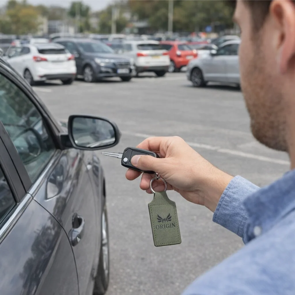 Person unlocking car with key fob, holding green Vegan Leather Key Rings in parking lot.