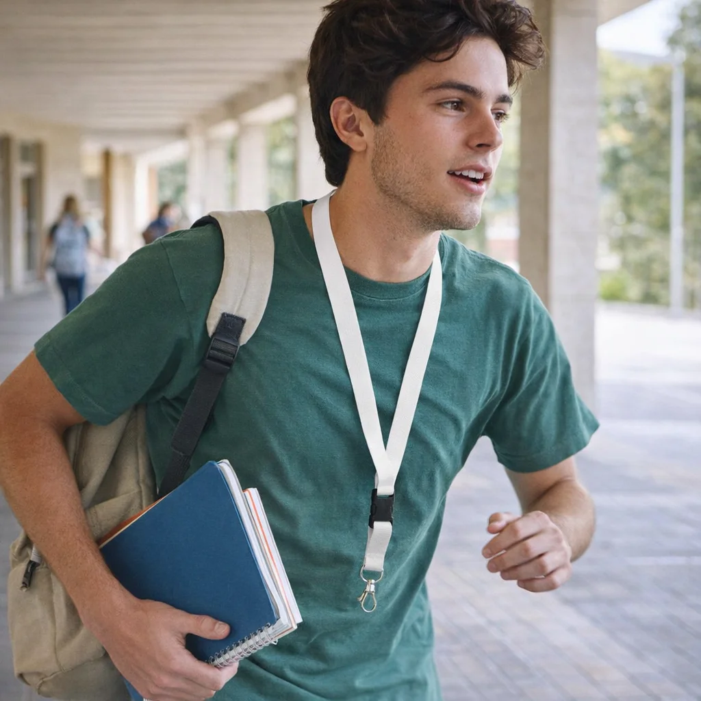 Young man in green shirt outdoors wearing Rondel Bamboo Lanyards, with backpack and notebooks.