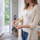Woman holds keys on a Kareem Cotton Lanyard in a bright, welcoming entryway.