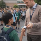 Teacher gives a student an ID card on Nimbus Reflector Lanyards as others watch in the background.