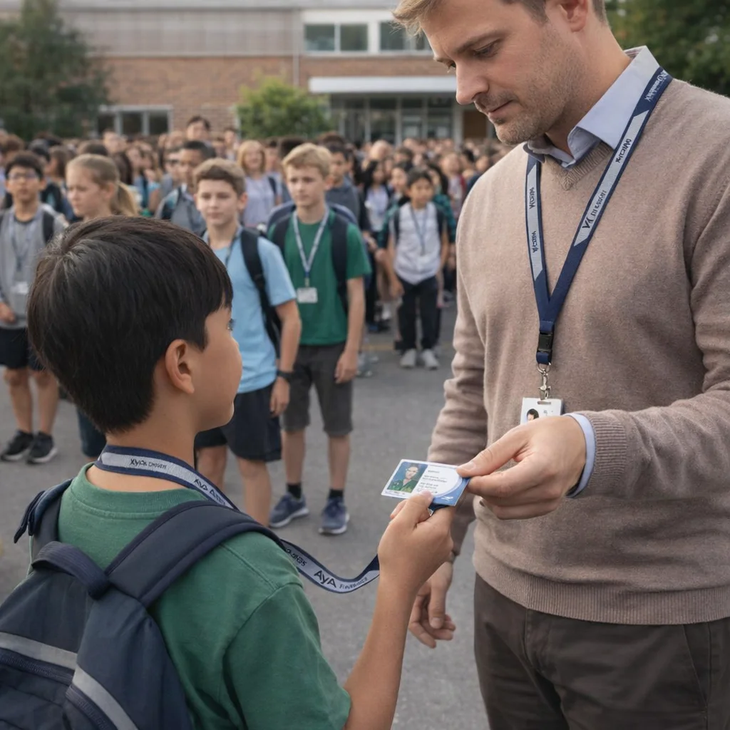 Teacher gives a student an ID card on Nimbus Reflector Lanyards as others watch in the background.