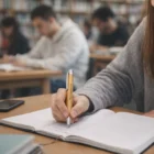Someone writes in a notebook with a Fadir Bamboo Pen in the library while others study nearby.