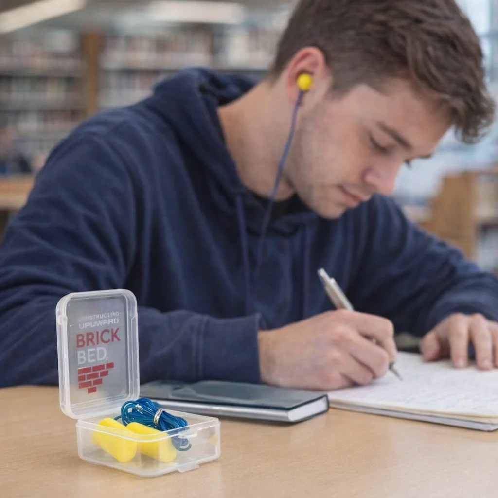 Man writing at a desk with Foam Earplug Sets; BRICK BED earplug case in the foreground.