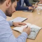 Man using Benjamin Notebook And Pen Gift Set, surrounded by documents and laptops at a meeting.