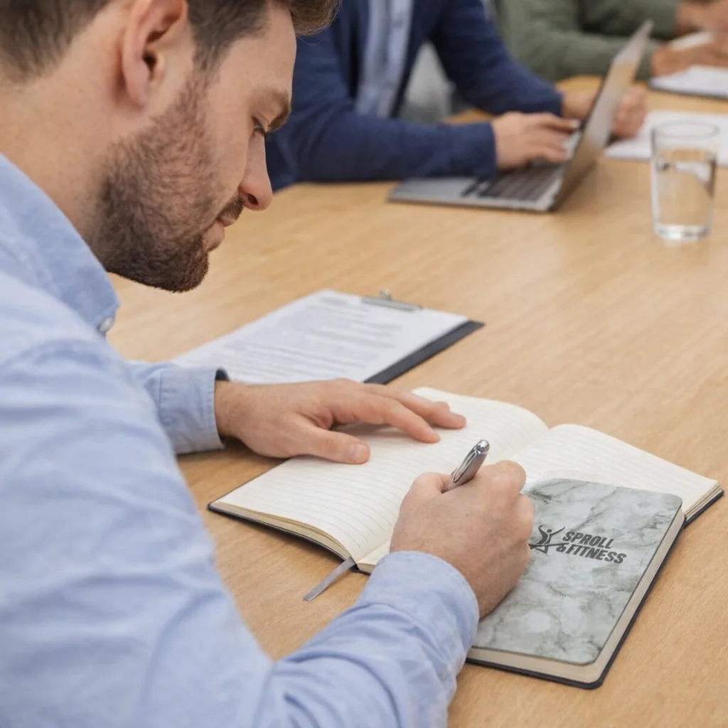 Man using Benjamin Notebook And Pen Gift Set, surrounded by documents and laptops at a meeting.