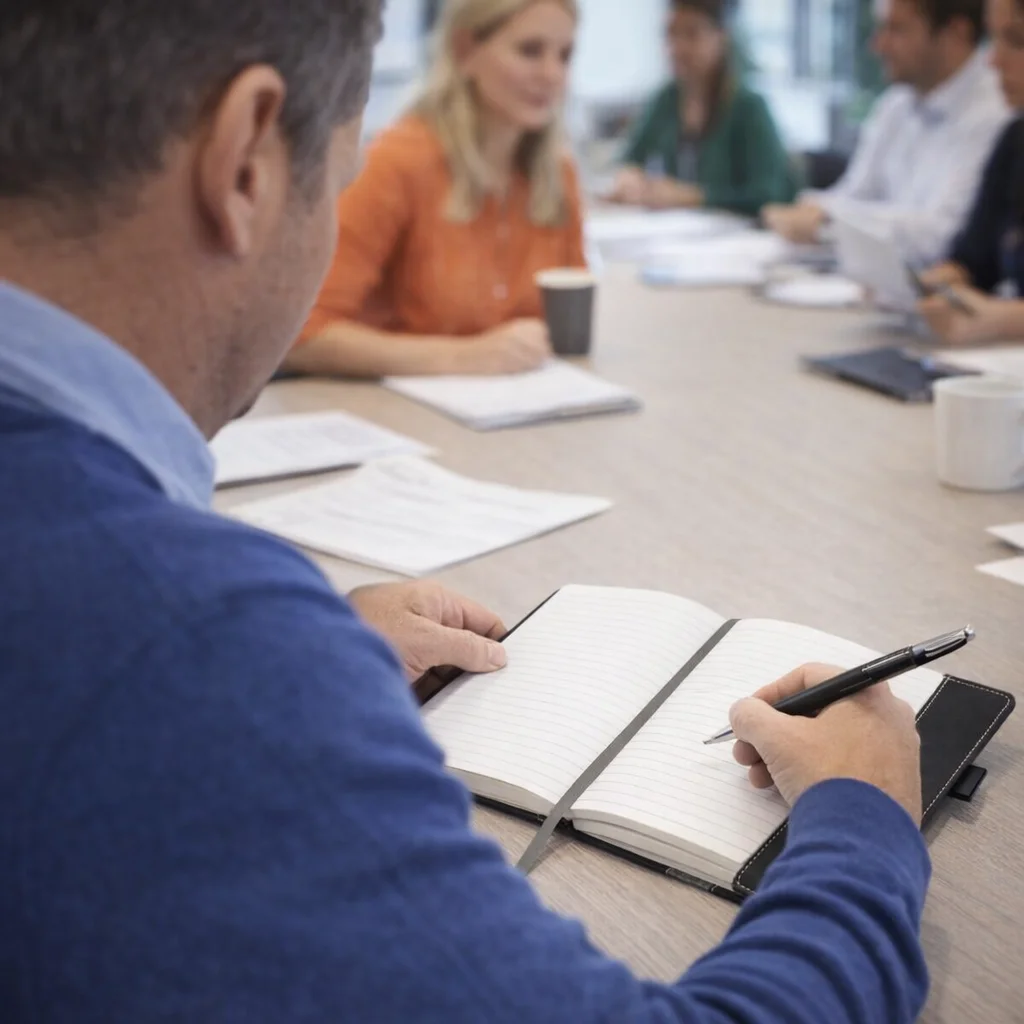 Person using a Quillpad Notebook And Pen Gift Set during a business meeting at the table.