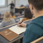 A student takes notes in a lecture hall using a Scribenote Notebooks on the desk.