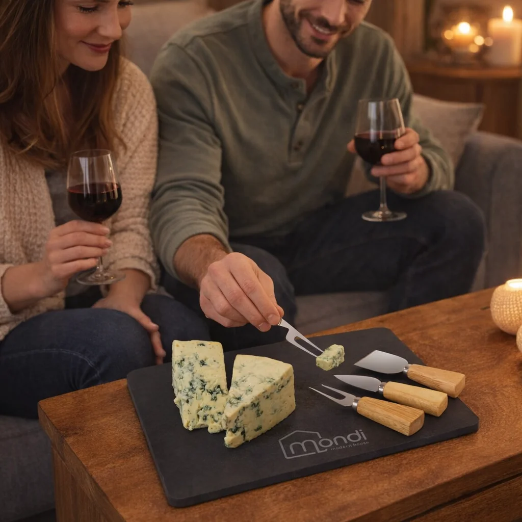 Two people share wine and cheese on Luxury Branded Slate Cheeseboard Sets in a cozy setting.