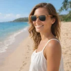 Woman in Lagoon Premium Sunglasses Heritage smiles on a sunny beach with ocean and palm trees.