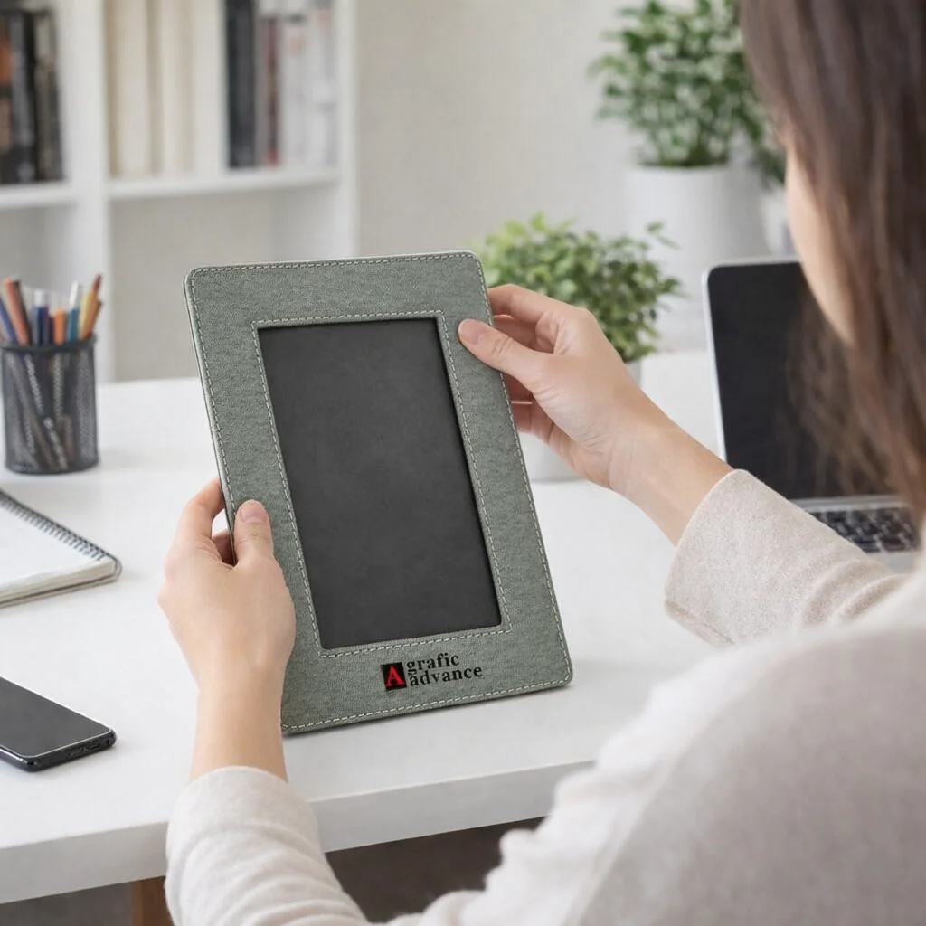Someone holds a Miezza Photo Frame at a desk with notebooks and a phone nearby.