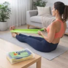 Woman working out with Exercise Bands In Logo Printed Boxes on a mat in her living room.