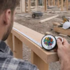 A man measures wood with Tape Measures With Clip at a construction site.
