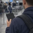 Traveler holds a Deluxe Passport Case With Logo Branding in line at airport security.