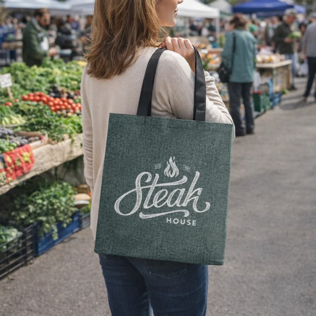 Woman at a farmers market with a Hiedi Heather Tote Bag labeled "Steak House".