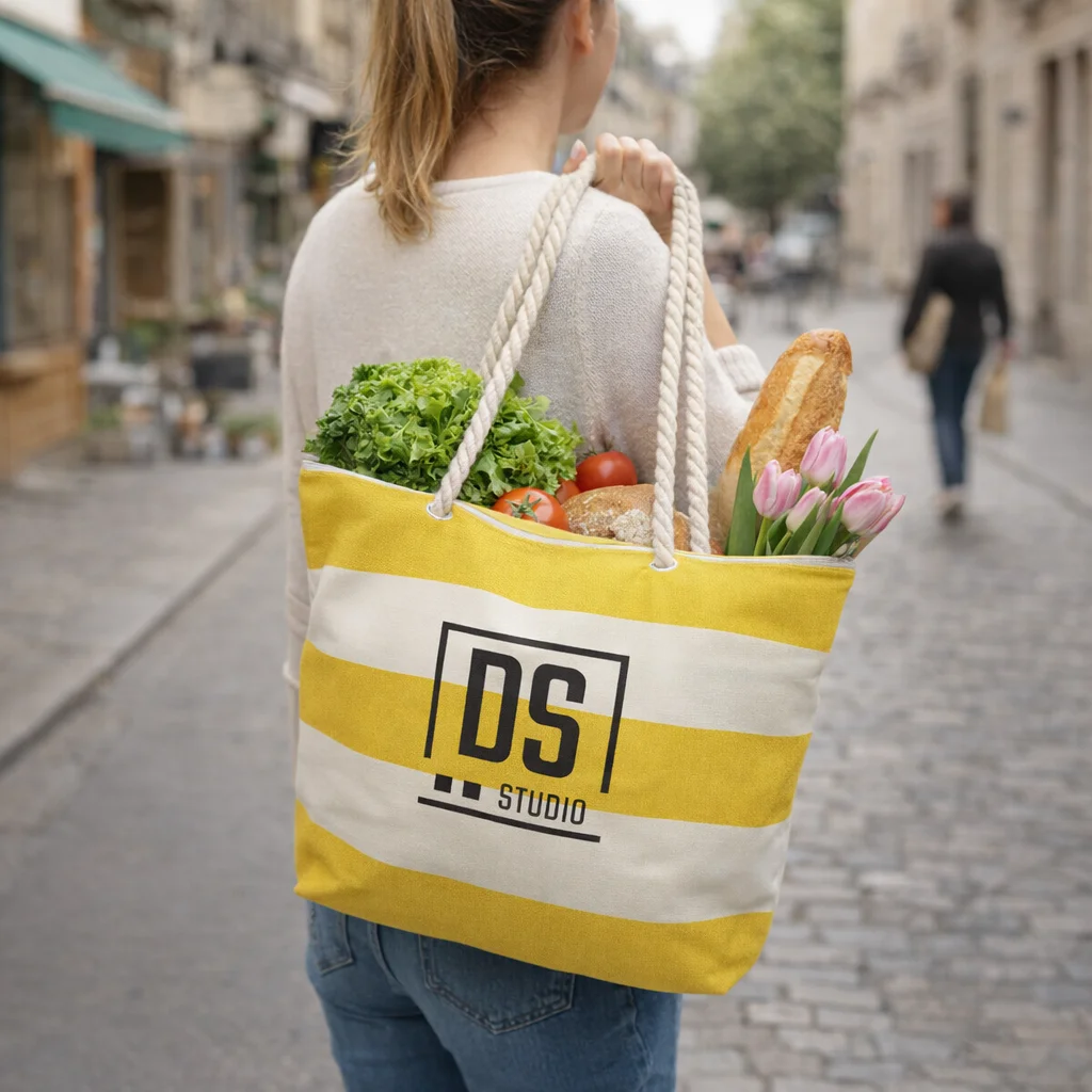Woman carrying a Vienna Tote Bag with groceries and flowers on a cobblestone street in Vienna.