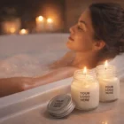 Woman relaxing in a bubble bath with two 110G Customised Mason Jar Candles Vanilla nearby.