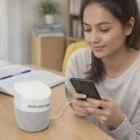 Woman using smartphone near Resonance Speaker Wireless Charger on desk, books behind.