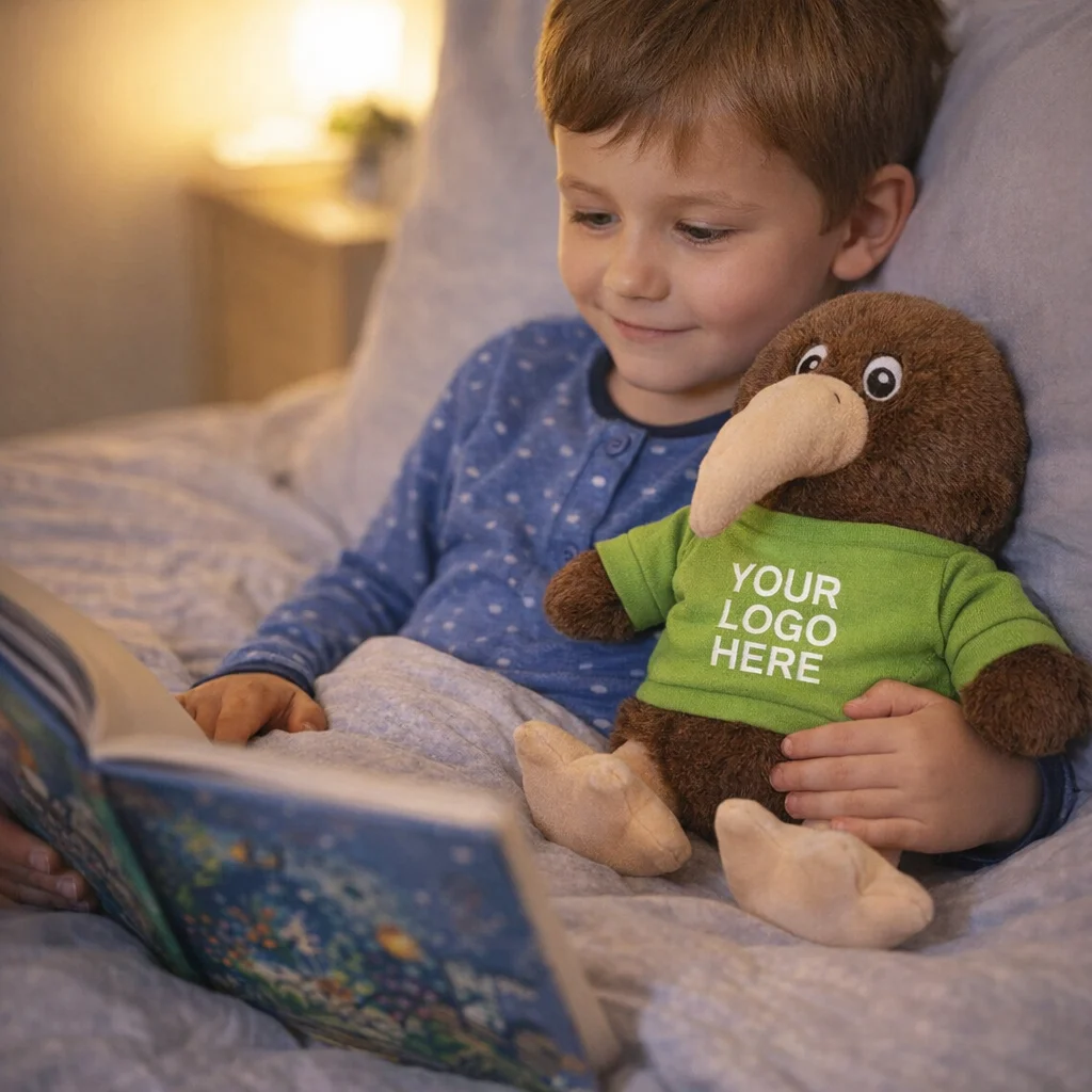 Young boy in bed reads, hugging a Snuggly Kiwi Plush Toy dressed in a green shirt.