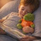 A child in bed cuddles an Adorable Crocodile Plush Toy dressed in an orange shirt.