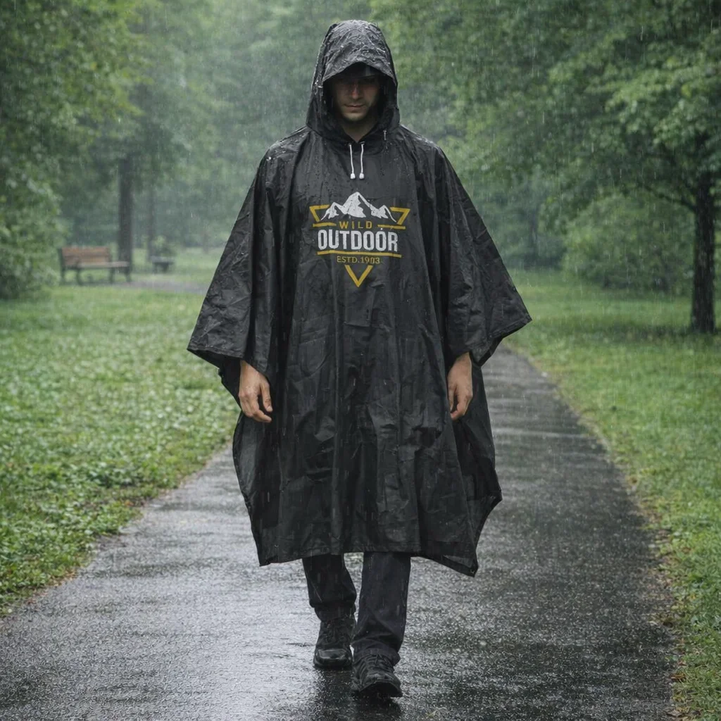 Person in a reusable logo emblazoned rain poncho walks on a wet path in a green park.