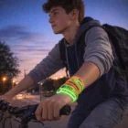 Teen rides bike at dusk wearing Zxavier Silicone Wrist Bands - Glow In The Dark on right arm.