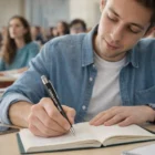 A young man uses a Bavaria Stylus Pen to write in his notebook in a classroom.