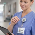 Nurse in scrubs holds clipboard with custom logo badge and Bonn Retractable Id Holders visible.