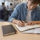 Young man taking notes in a Moleskine Classic Hard Cover Notebook Large at the library table.