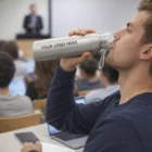Man drinks from Cadon Aluminium Logo Water Bottle labeled YOUR LOGO HERE in a classroom.