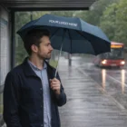 Man holding Folder Umbrellas Bulk at bus stop in rain—ideal for wholesale promotions.