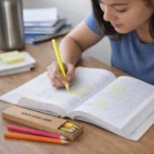 Person highlights text with Packs Of Neon Highlighter Pencils; colored pencils nearby.