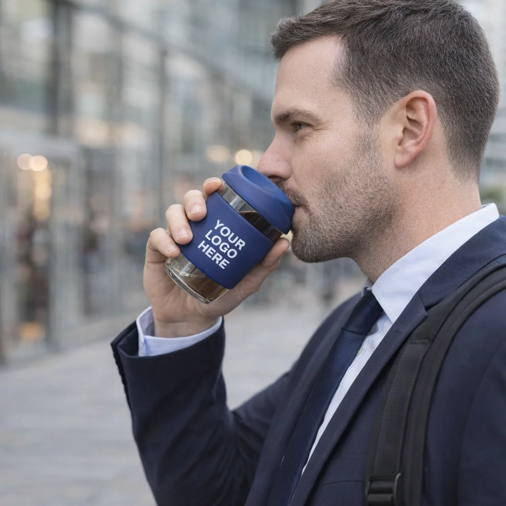 Man in suit drinks from a Willa Cups - Borosilicate 350Ml with YOUR LOGO HERE on the sleeve.