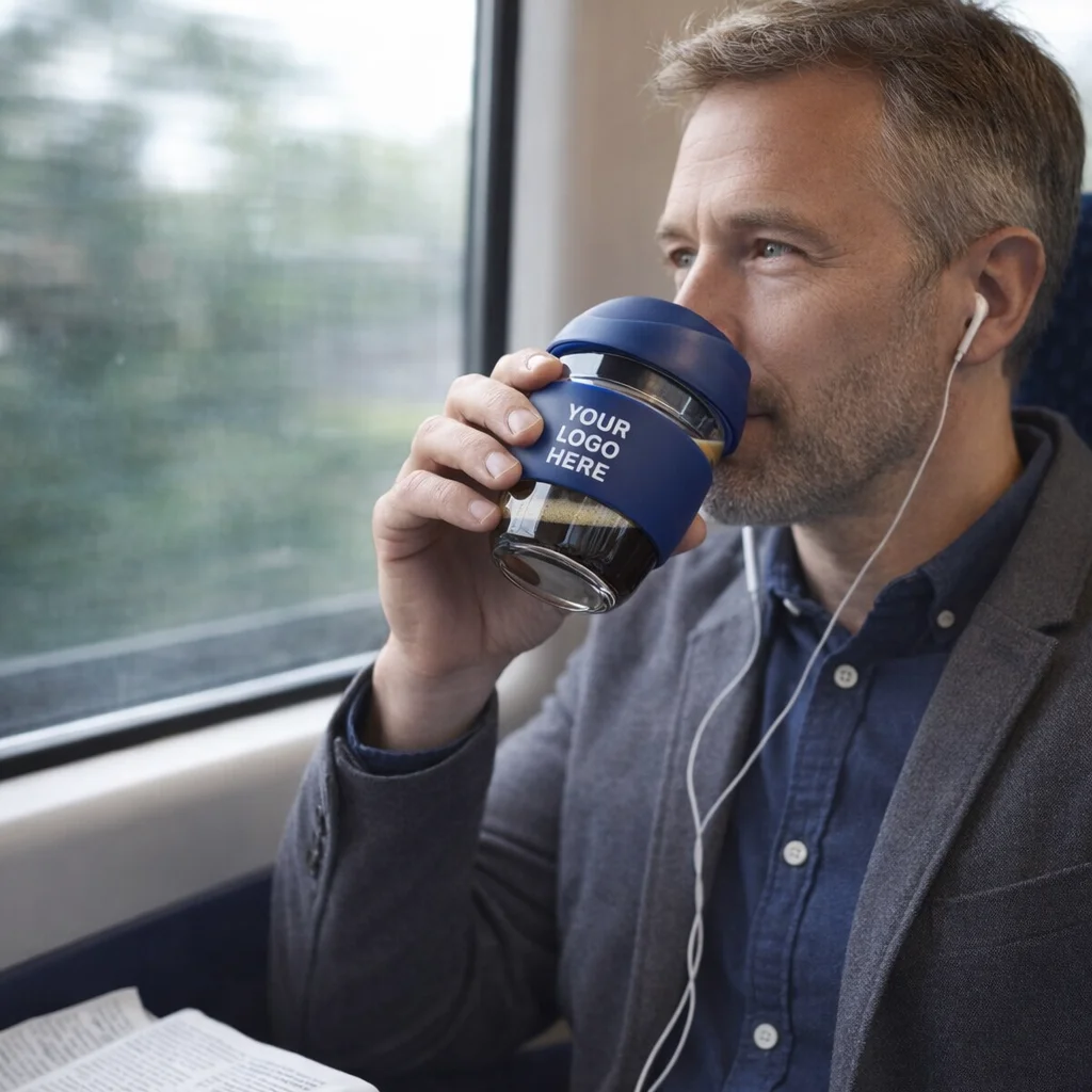 Man drinks from a Willa Cups - Borosilicate 250Ml with headphones on a train.