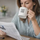 Woman drinks from a 330Ml Porcelain Mug labeled YOUR LOGO HERE while reading a newspaper.
