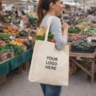 Woman at a market holding a Hague Natural Look Tote Bag with YOUR LOGO HERE printed on it.