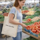 Woman at market with a tomato, carrying a Whitley A4 Natural Look Tote Bag.