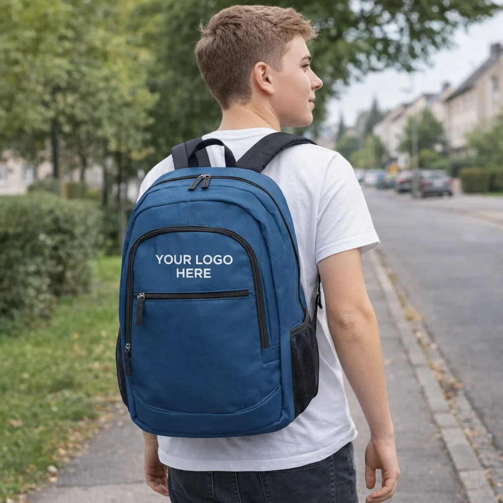 Teen boy with a blue Demi Personalised Backpack, Your Logo Here, on a suburban street.