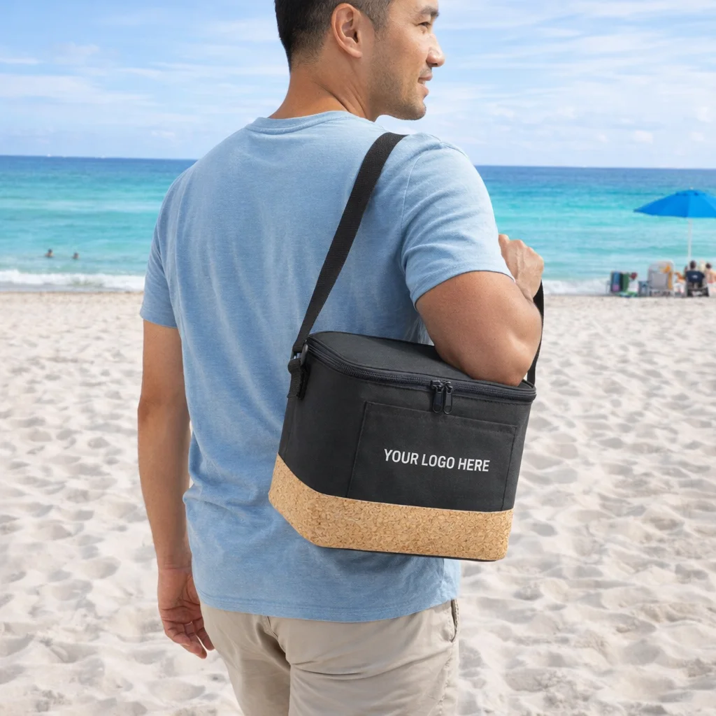 Man on a sandy beach carrying a Nayeli Branded Cooler Bag with Your Logo Here text.