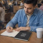 Man writing in a Bonn Customised Notebook - Small with a coffee cup on the table.