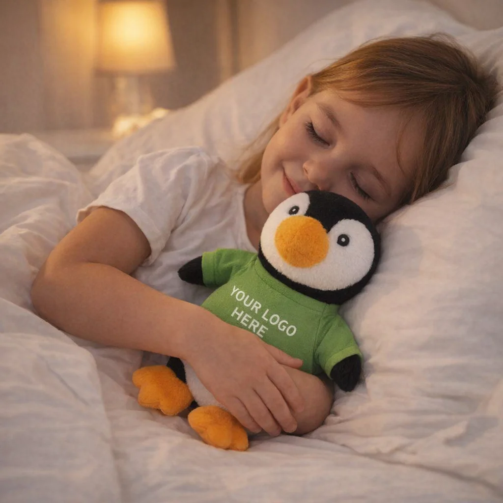 Smiling child hugs Penguin Custom Branded Plush Toys—ideal for plush toy lovers.