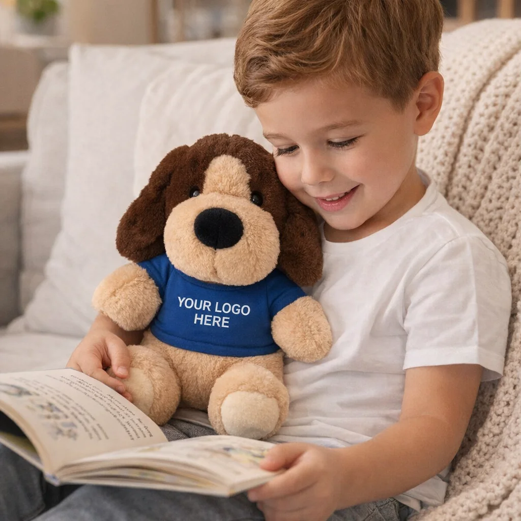 Smiling child reads with Dog Customised Plush Toy wearing blue "YOUR LOGO HERE" shirt.