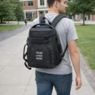 Man walking on campus with a Colter Cooler Backpack featuring YOUR LOGO HERE on the back.