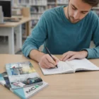 Man writing in an A5 Logo Printed Saddle Stitch Notebook at a library table with books.